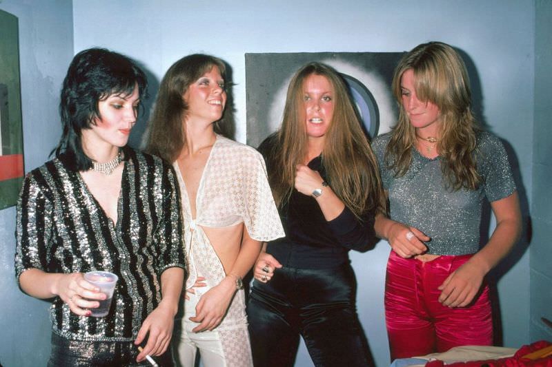 The Runaways (L-R Joan Jett, Jackie Fox, Lita Ford, Sandy West) backstage at CBGB's in New York on August 2, 1976