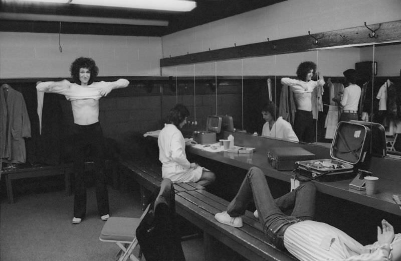 British rock band Queen backstage during the band's US tour, January 1977