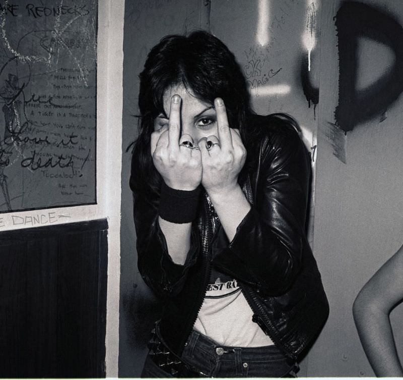 Joan Jett of The Runaways backstage at the Whiskey a Go Go in Los Angeles, California in 1977