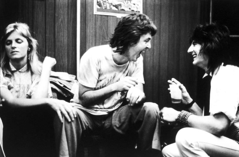 Paul and Linda McCartney with Ronnie Wood backstage at the Palladium in New York City on June 19, 1978