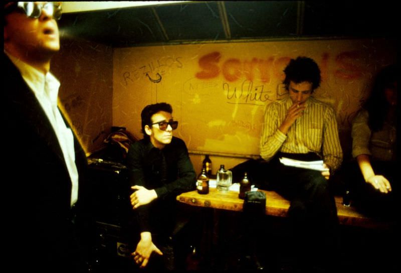 Robert Quine, Elvis Costello, and Richard Hell backstage of CBGB in 1978
