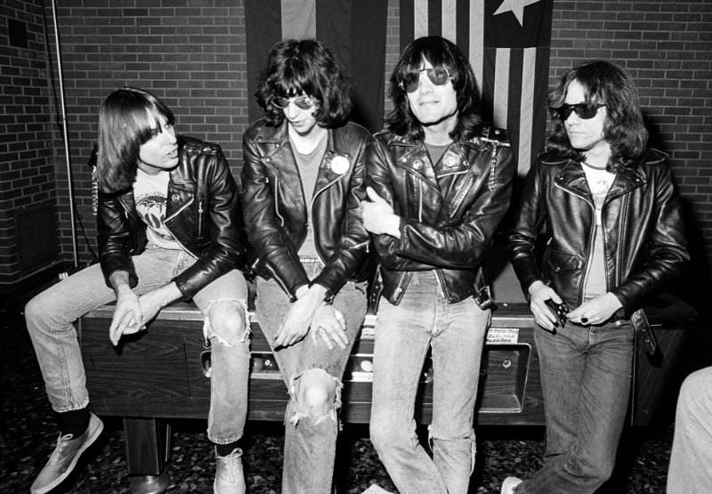 The Ramones pose backstage at the Old Waldorf club in January 1978 in San Francisco, California