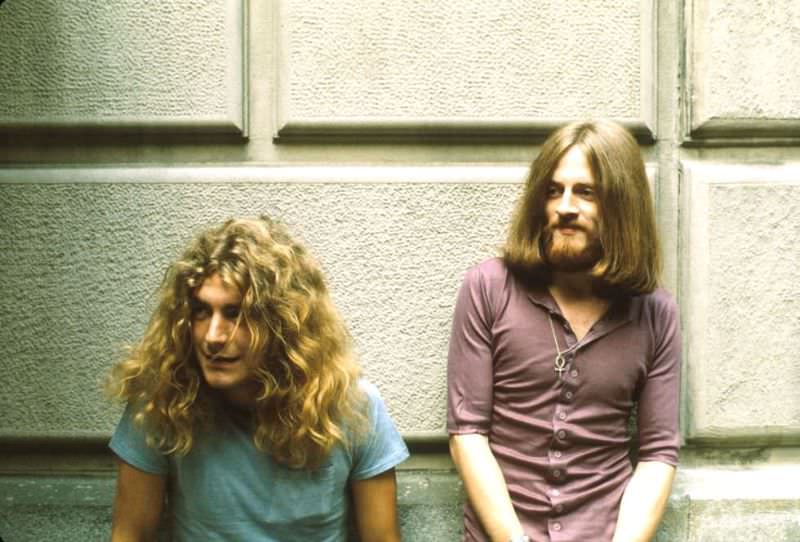 Robert Plant and John Paul Jones of Led Zeppelin backstage at the Fillmore East, 1971