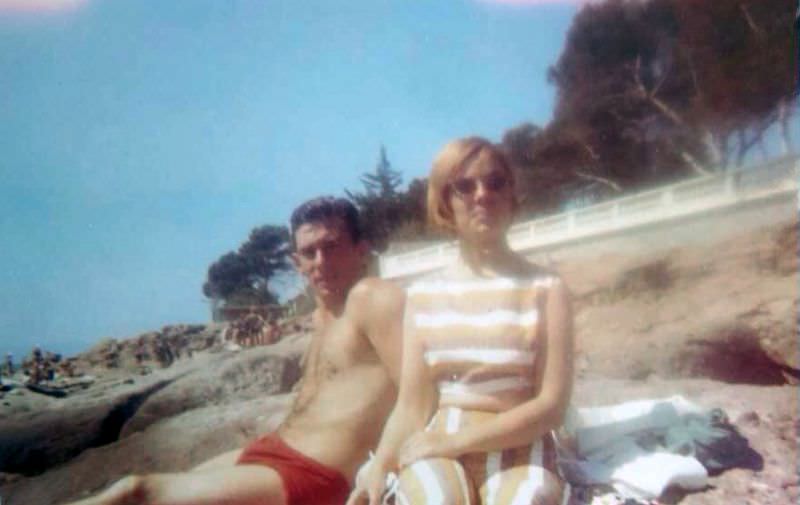 Reggie Kray and wife Frances sunbathing on the beach in November 1964 in southern Spain