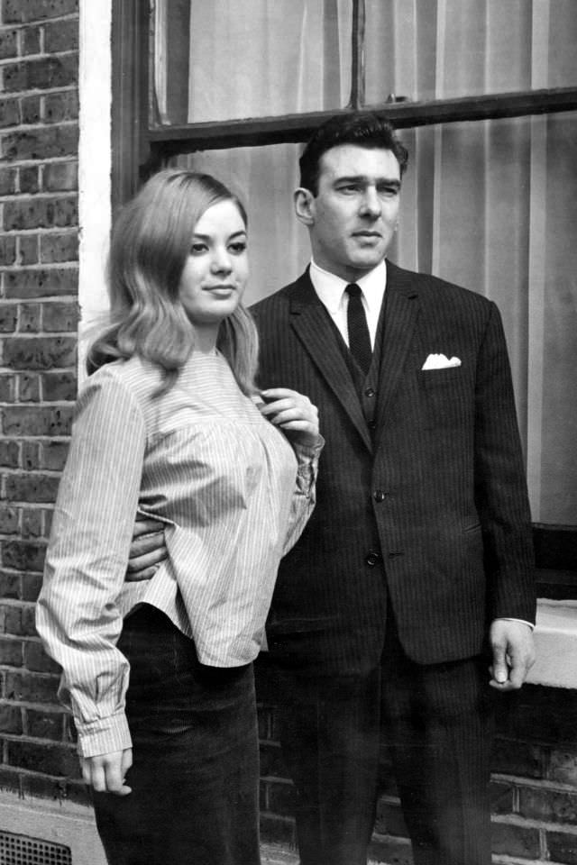 Reggie Kray and Frances Shea outside the Kray home in Valance Road after he and Ronnie are acquitted of all charges of demanding money with menaces, 5th April 1965