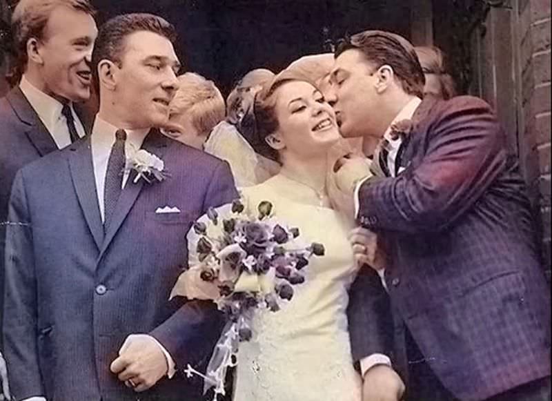 Frances Shea and gangster Reggie Kray on their wedding day, Ronnie Kray on the left, April 20th, 1965