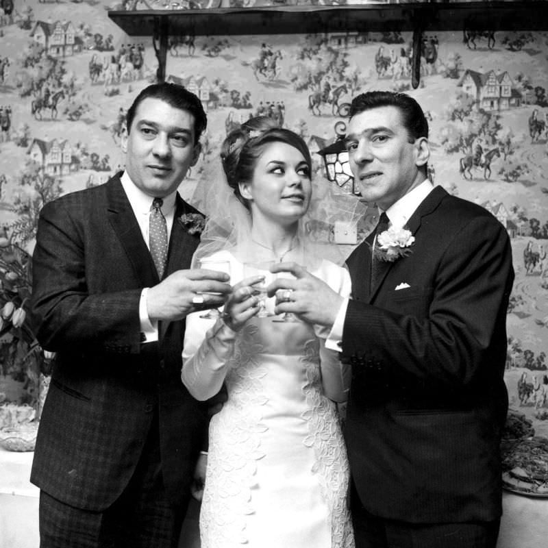 Frances Shea and gangster Reggie Kray on their wedding day, Ronnie Kray on the left, April 20th, 1965