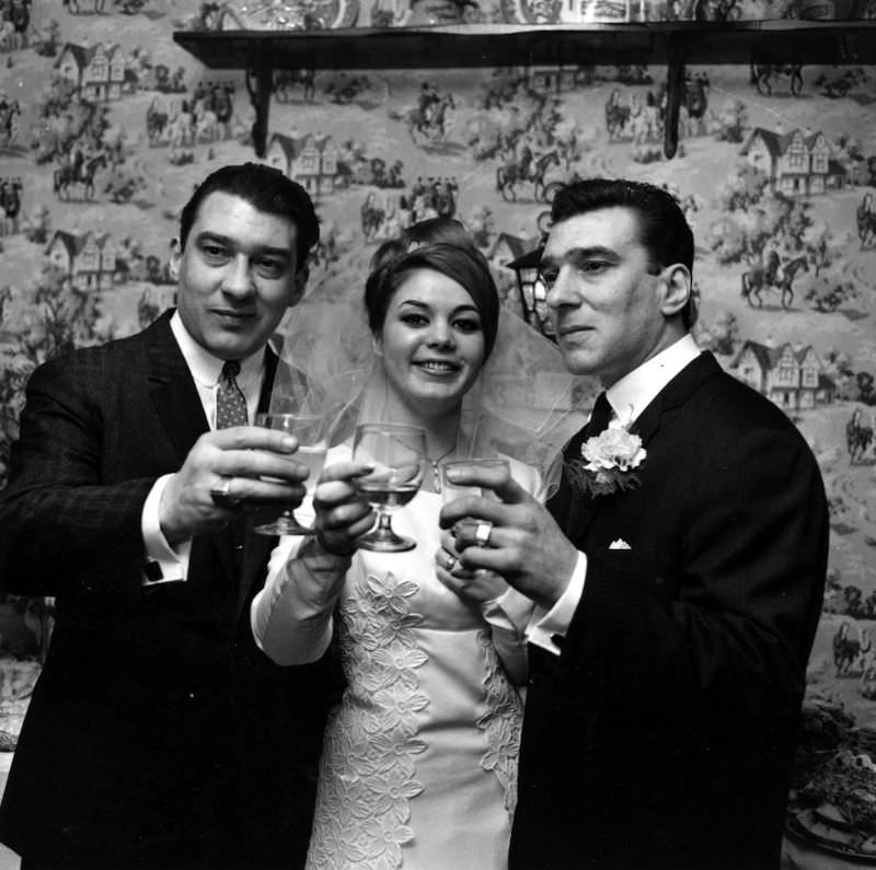 Frances Shea and gangster Reggie Kray on their wedding day, Ronnie Kray on the left, April 20th, 1965