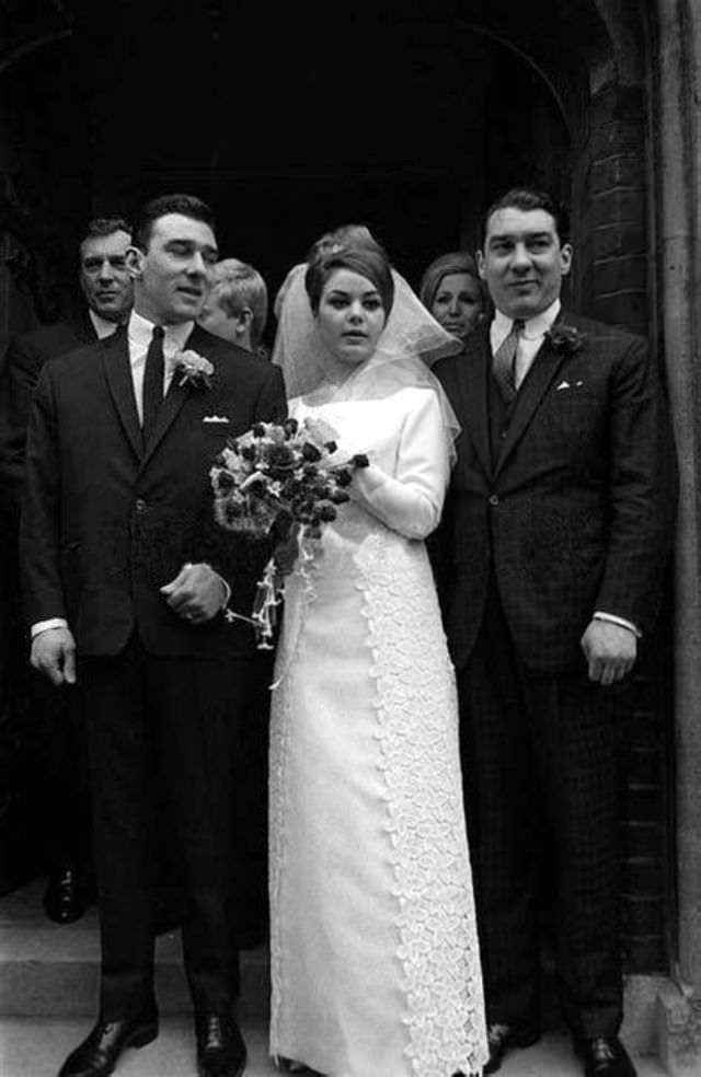 Frances Shea and gangster Reggie Kray on their wedding day, Ronnie Kray on the right, April 20th, 1965