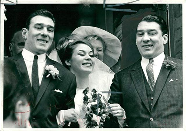 Frances Shea and gangster Reggie Kray on their wedding day, Ronnie Kray on the right, April 20th, 1965