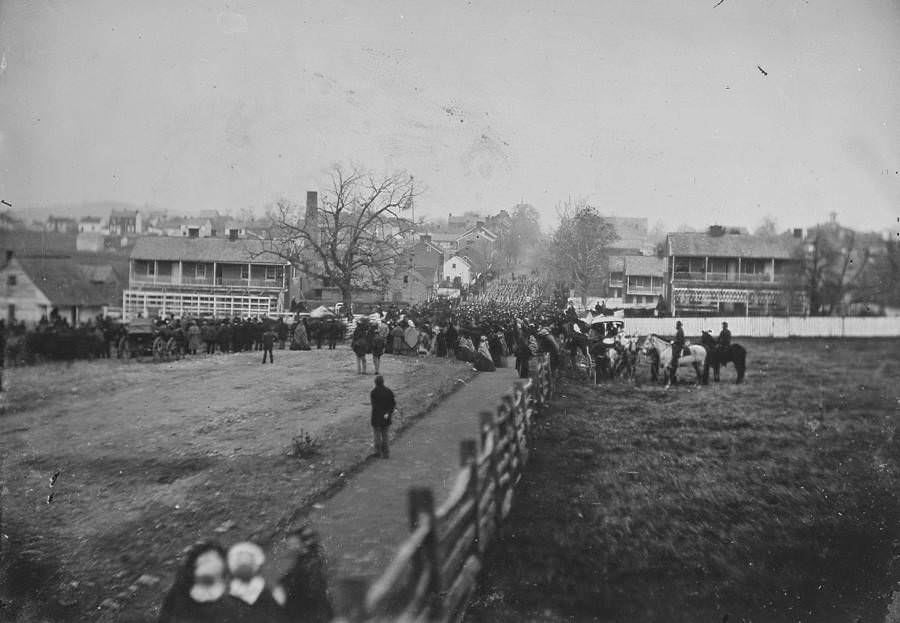 Crowds gather for the dedication of the Soldiers' National Cemetery (when Abraham Lincoln delivered the Gettysburg Address) in Gettysburg on Nov. 19, 1863.