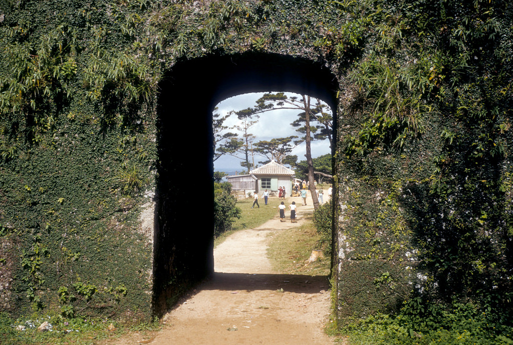 One of the thick castle walls at Nakagusuko Castle, 1950s