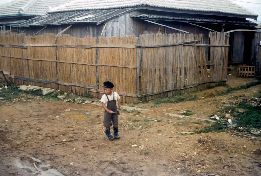 Boy chasing butterflies in Naha-shi, 1950s