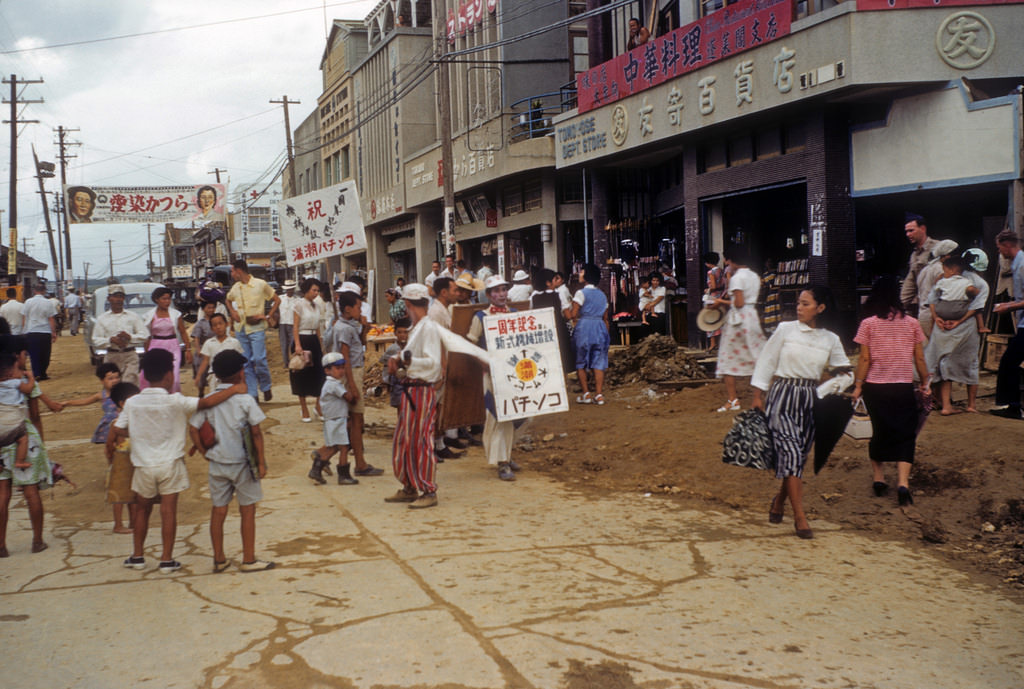 Clowns advertising in Okinawa, 1950s