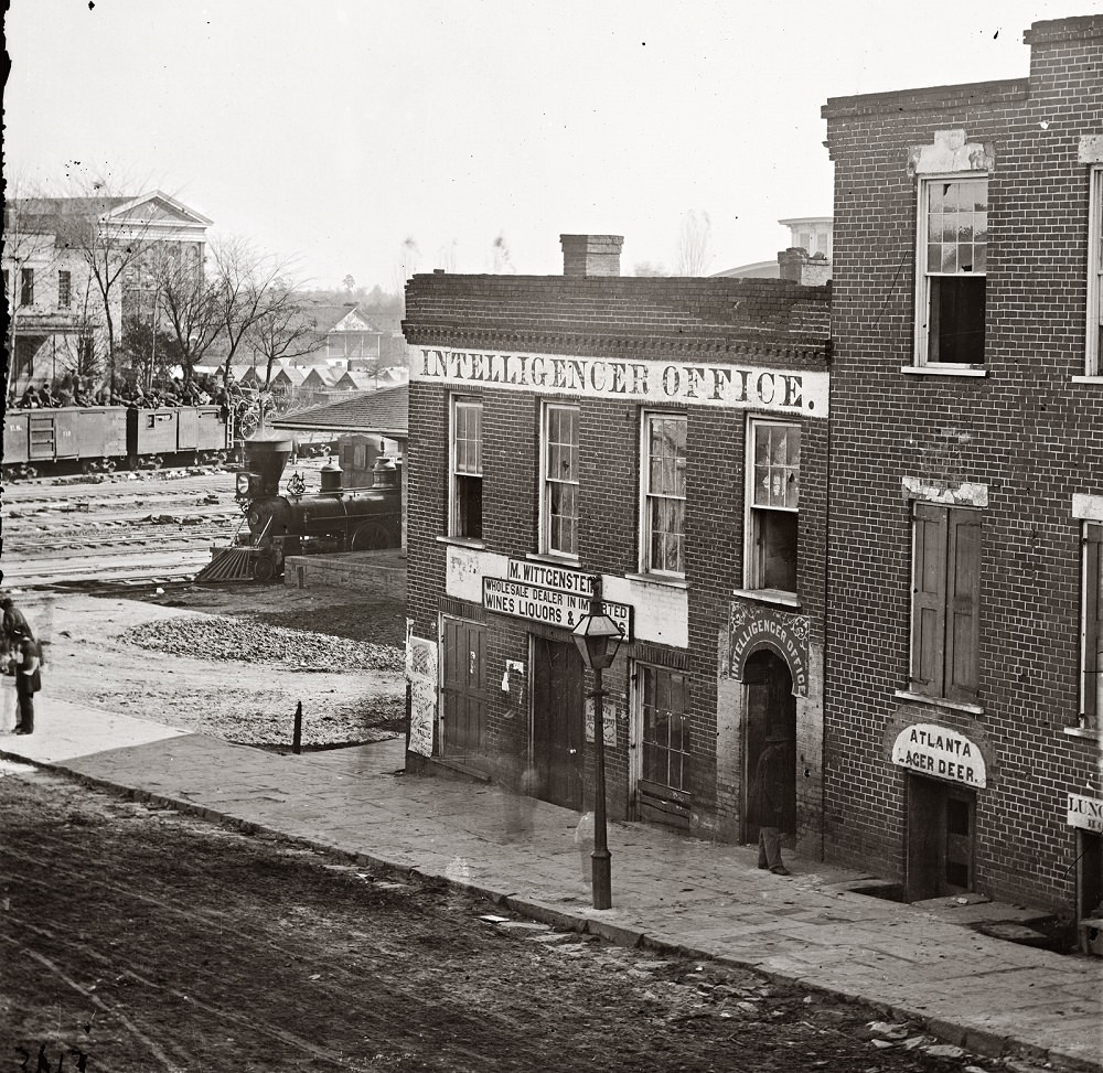 Atlanta Intelligencer newspaper office by the railroad depot, 1864