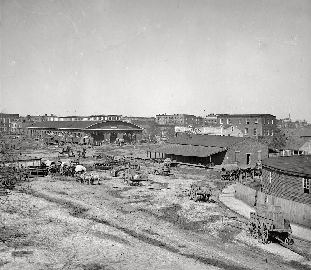 Atlanta railroad depot and yard, Trout House and Masonic Hall in background, 1864