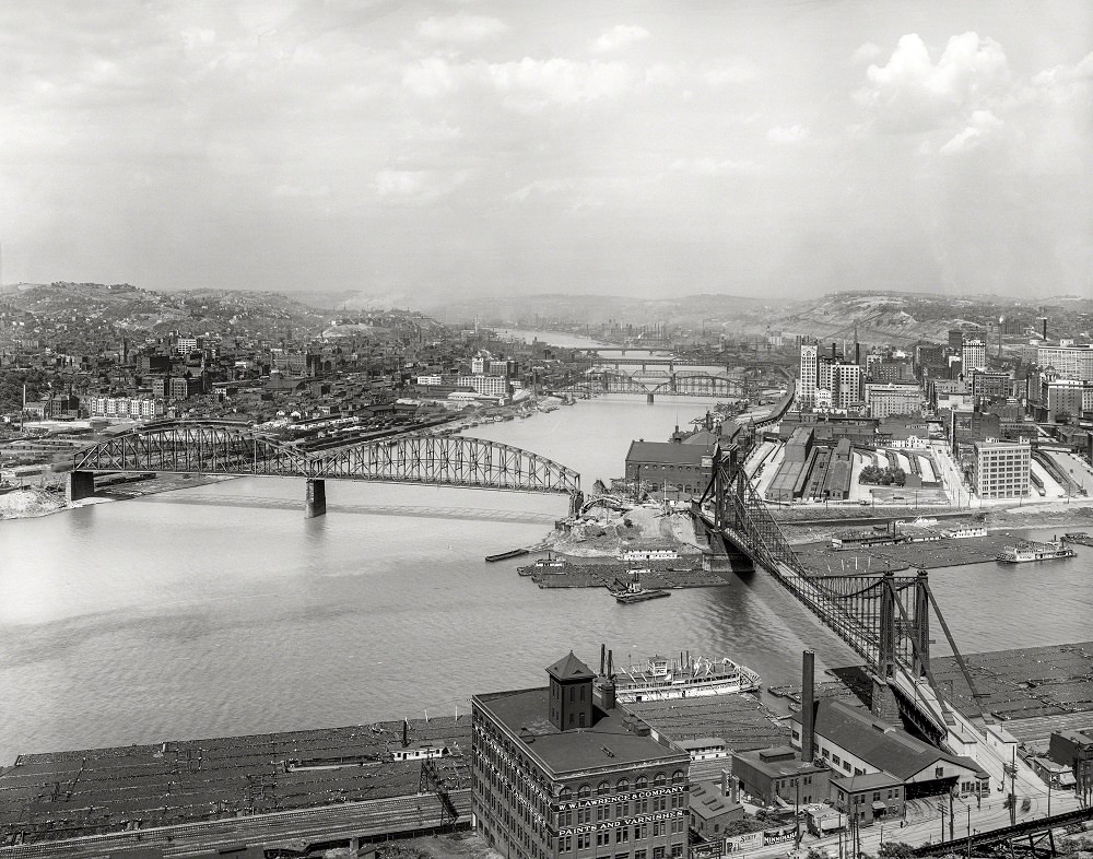 Coal barges at 'The Point' Confluence of Allegheny and Monongahela at start of Ohio River, Pittsburgh, 1912