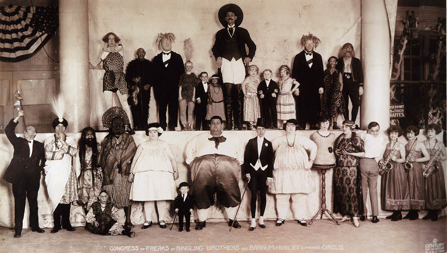 Members of The Ringling Brothers' "Congress of Freaks" lineup for a group portrait, 1924.
