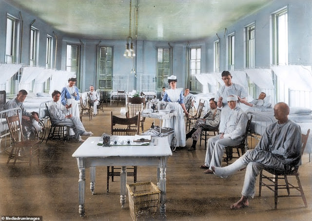 Doctors and nurses treat soldiers returning home from the front lines of World War One, where the virus began to spread.