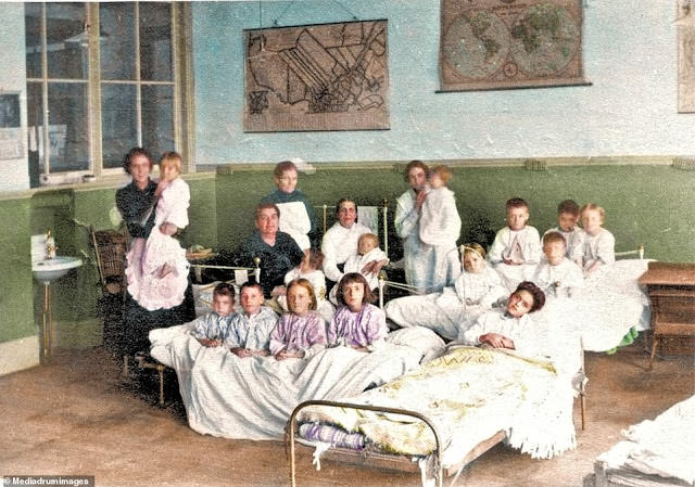 Teachers tend to children sick with Spanish Flu at Collège La Salle in Thetford Mines, Quebec, Canada.