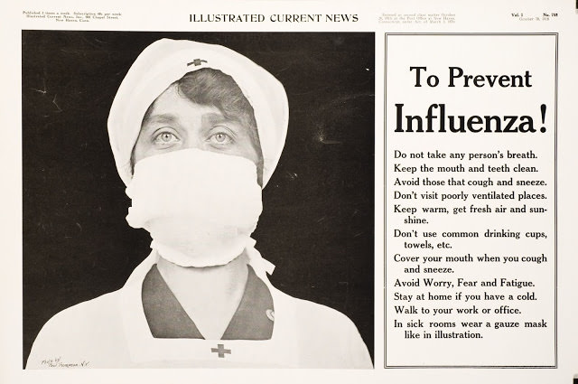Poster of Red Cross nurse with a gauze mask over her nose and mouth, published by the Illustrated Current News (New Haven, Connecticut) in October 1918, the height of the influenza pandemic.