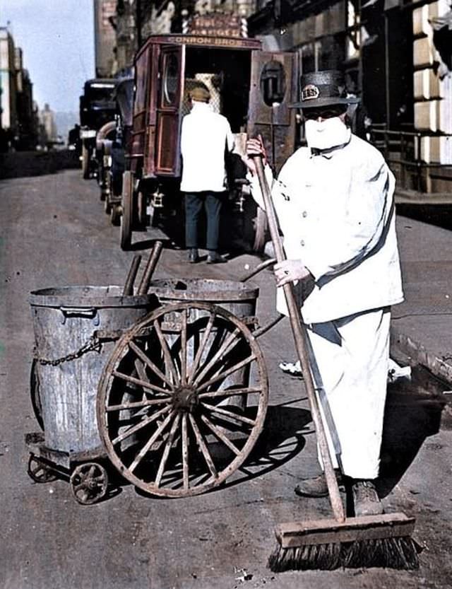 A mask is worn by a street sweeper in New York in 1918. The admonition of the New York Health Board to wear masks to check the spread of influenza epidemic was: ‘Better ridiculous than dead’.
