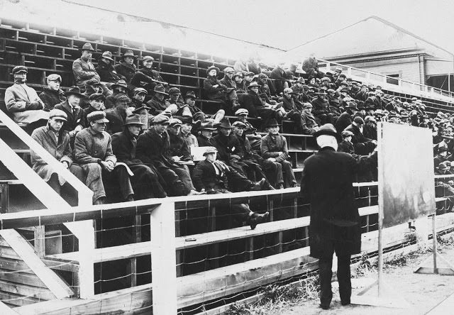 Physics class, University of Montana, Missoula, 1919. During the influenza epidemic, classes were held outdoors.