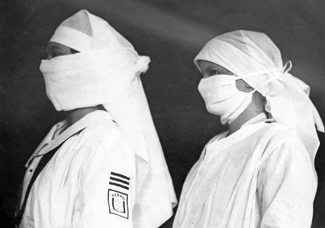 Nurses in Boston hospitals are equipped with masks to fight influenza in the spring of 1919