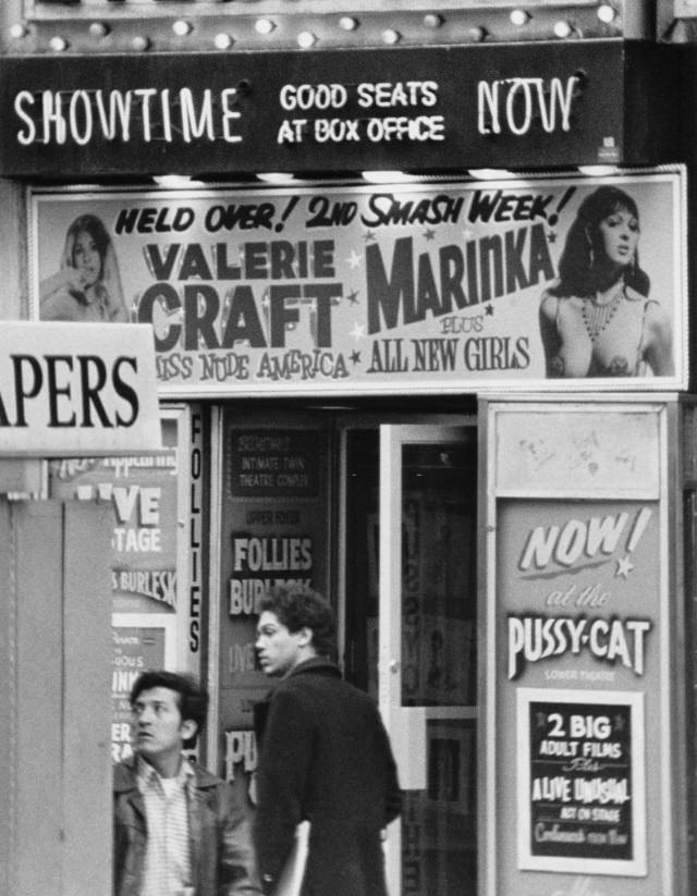 The 'Follies Burlesk' showing the upcoming shows for 'Valerie Craft' and 'Marinka', 46th St. and Broadway, New York City, 1978.