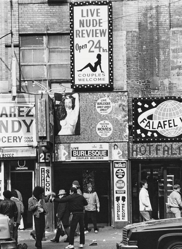 A view of the entrance to the 'Live Nude Review' on West 42nd Street, New York City, 1978.