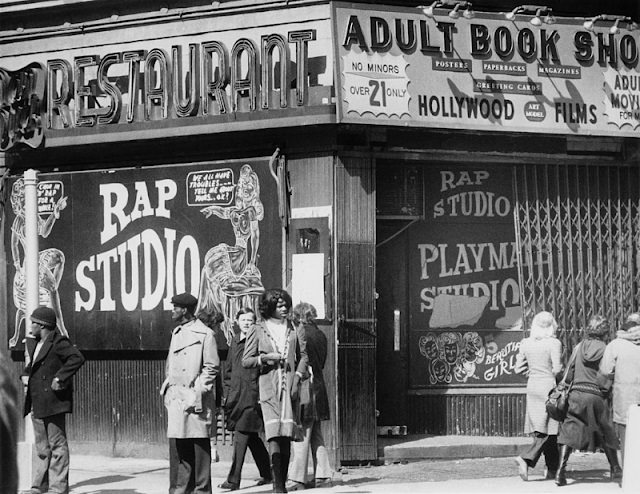 The entrance to the 'Rap Studio', a strip club and adult book shop in New York City, 1978.