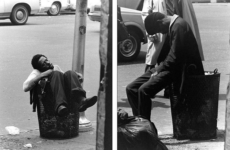 A homeless man sleeps on the sidewalk in front of the McAuley Cremorne Mission in 1985.