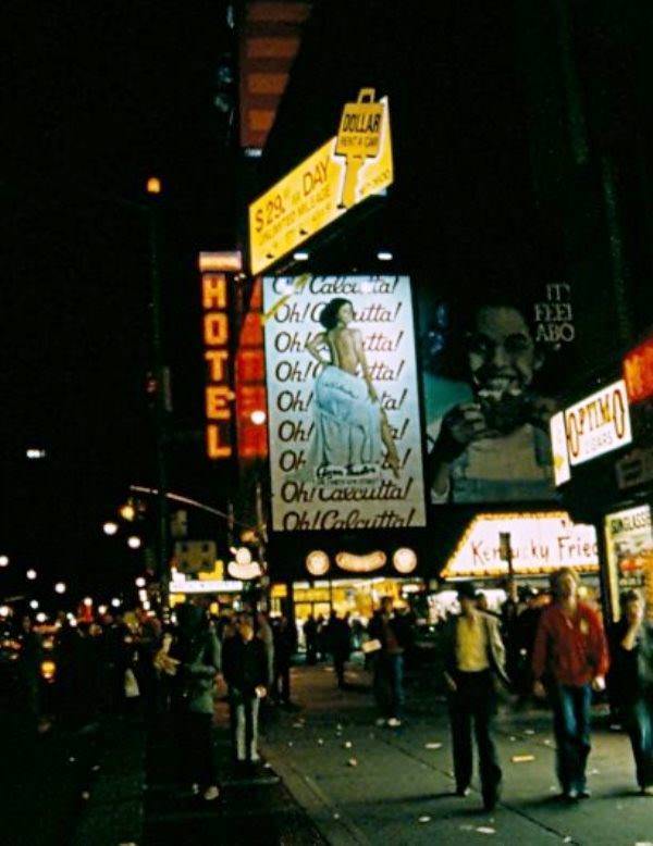 An advertisement for the musical Oh Calcutta dominates the corner of 8th Avenue and 42nd Street in 1981.