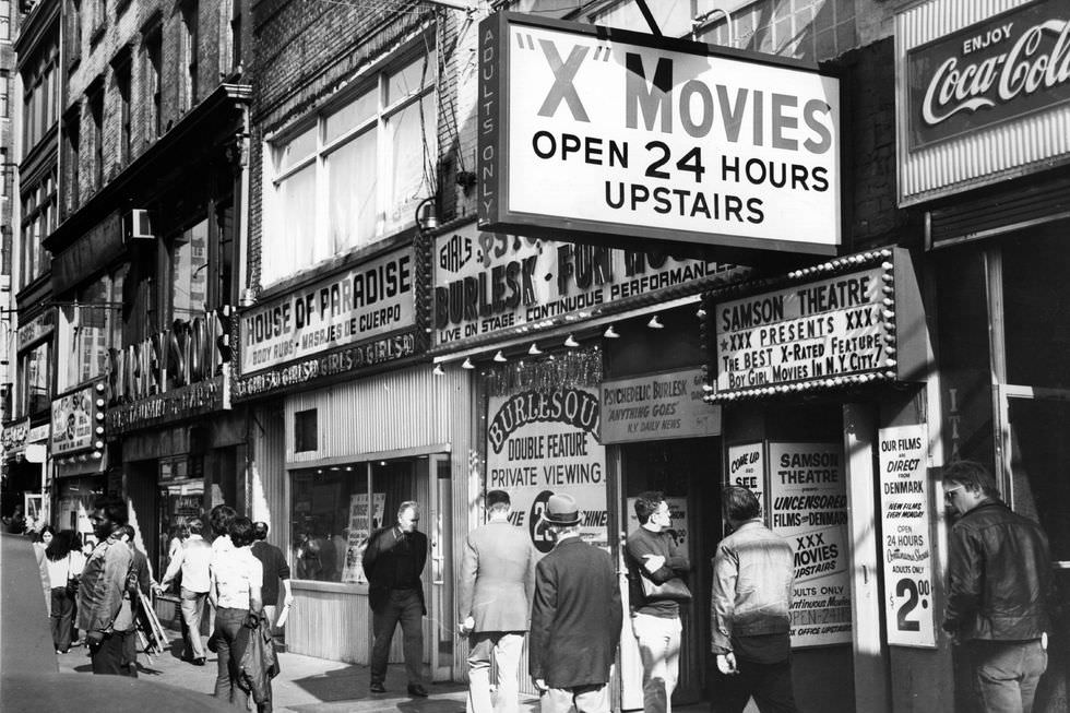 A porn shop with cinema and live shows in the Times Square area in October 1975.