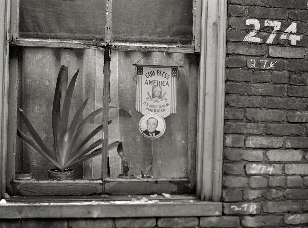 Window in home of unemployed steelworker. Ambridge, Pennsylvania, January 1941