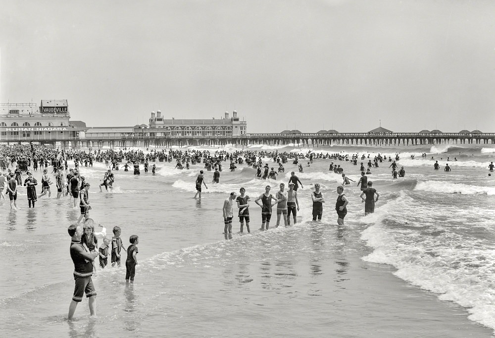 Bathing beach and Steeplechase Pier. Atlantic City circa 1908