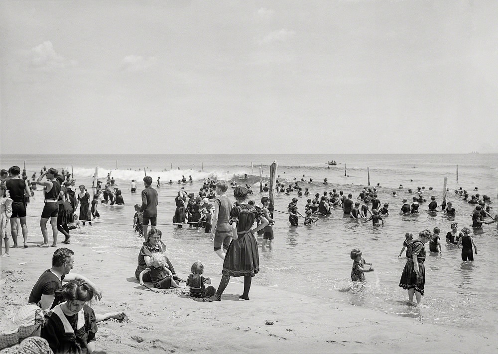 Surf bathers at beach, possibly Atlantic City, 1910