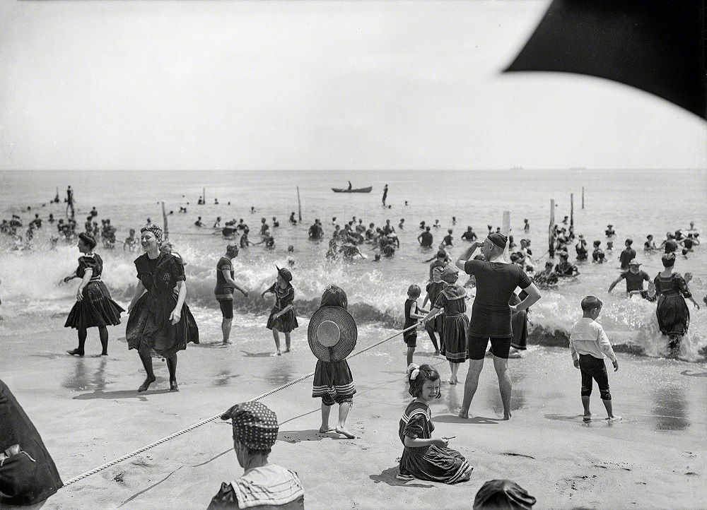 Surf bathers at crowded beach, Atlantic City, 1910