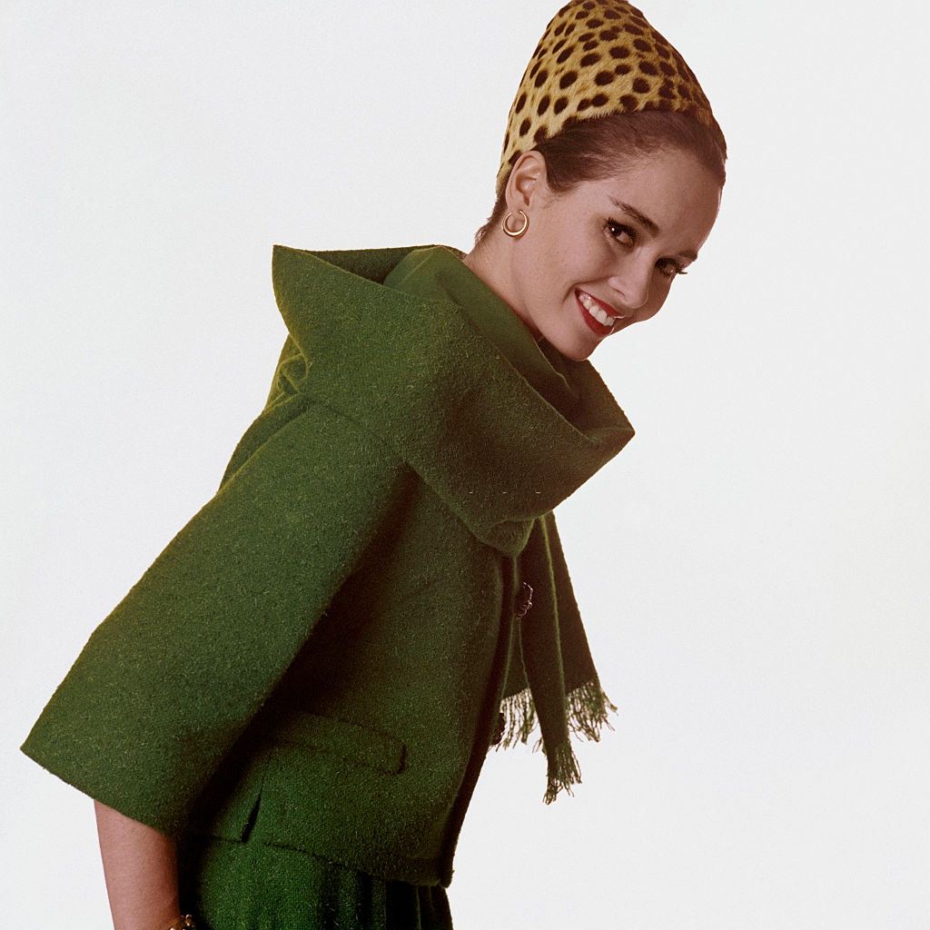 Sandra Peterson in green wool tweed suit, 1960
