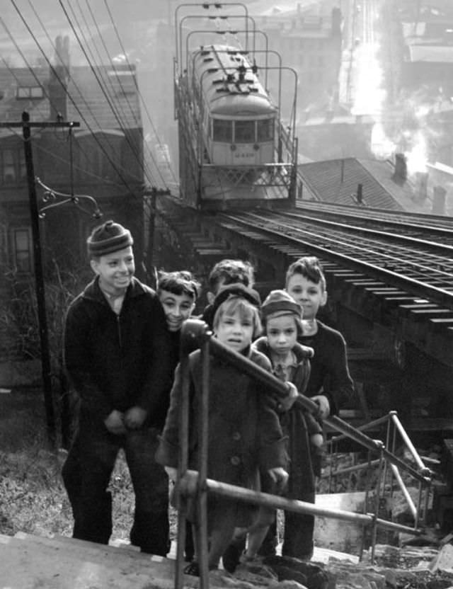 A streetcar riding the Mt. Adams incline provides the backdrop for children on the steps up the hill, November 1938