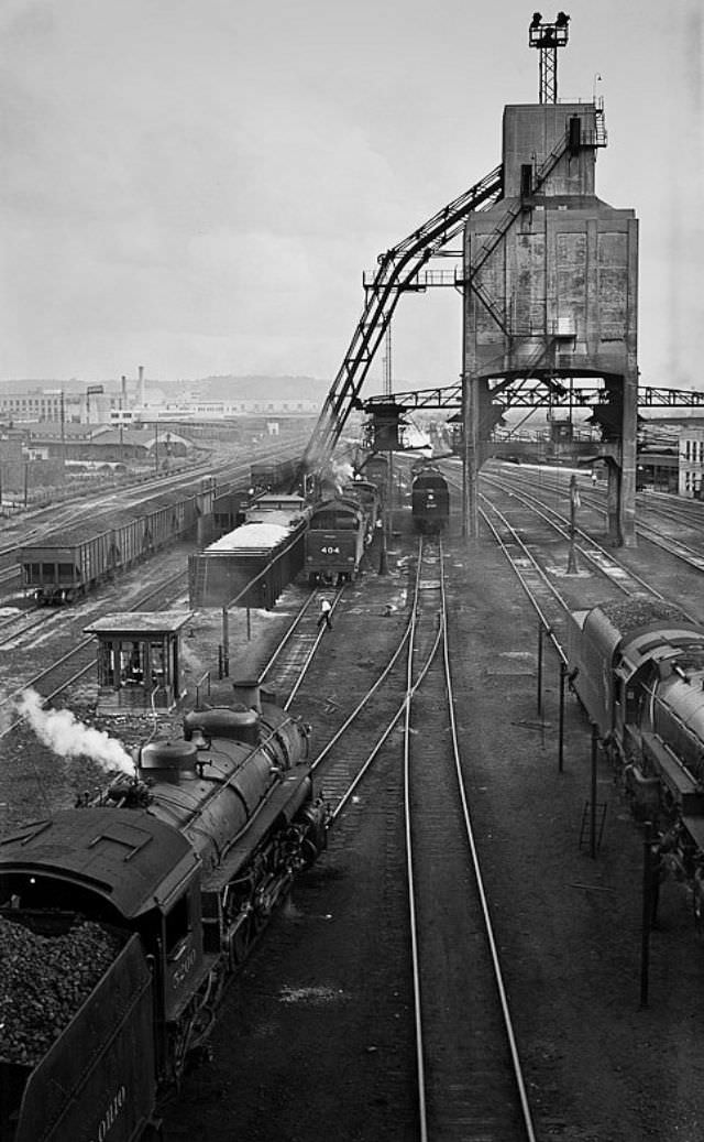 Looking south from the lower deck of the Western Hills Viaduct (Union Terminal and the post office building are visible in the distance on the left), August 12th, 1939