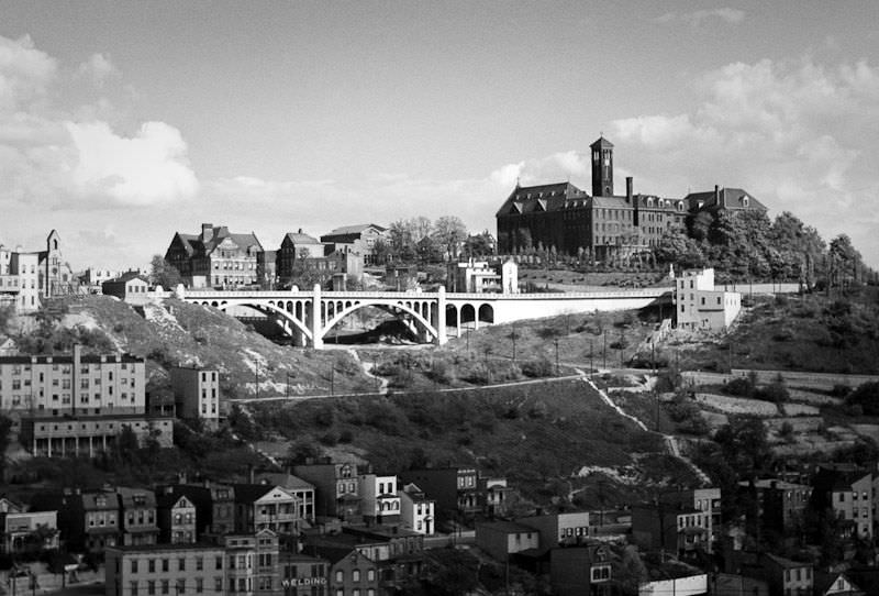 Mount Adams as seen from E. Liberty St. and Highland Ave. (Ida Street Bridge in the distance), May 1939