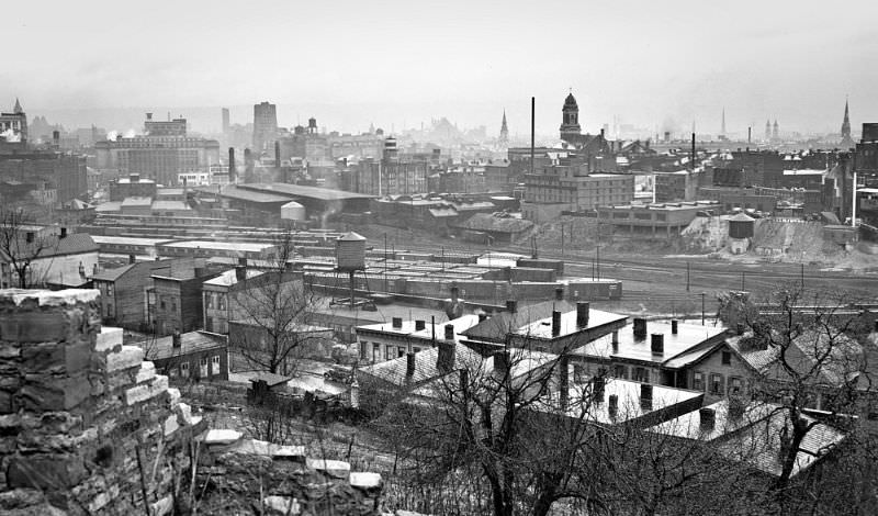 The once busy train yard sandwiched between Gilbert Ave. and Reading Rd. on downtown Cincinnati's east side, April 1939