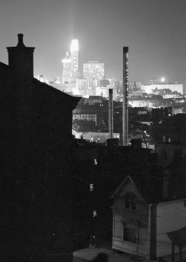 View of downtown at night from Jackson Hill Park stairway, June 1939