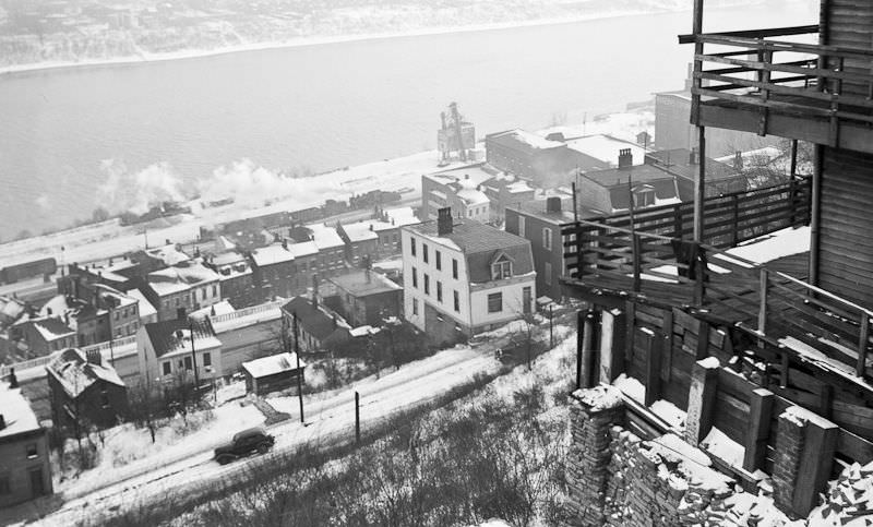 View of Hill St., Columbia Pkwy., Pearl St. and train yards on the river's bank, December 30th, 1939