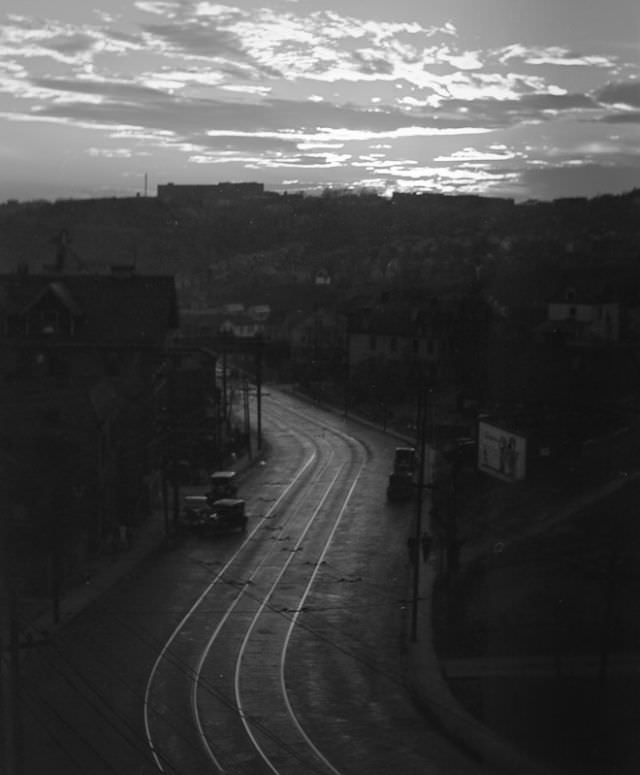 Kenton St. overpass looking west down Florence Ave., 1 January, 1938