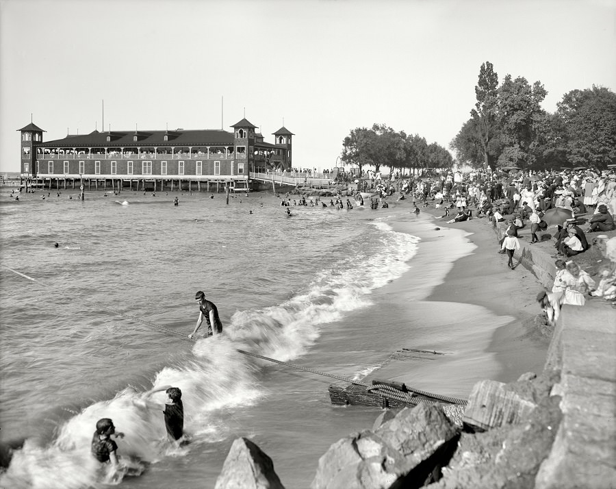 The beach and pavilion at Gordon Park, Lake Erie, Cleveland, 1908
