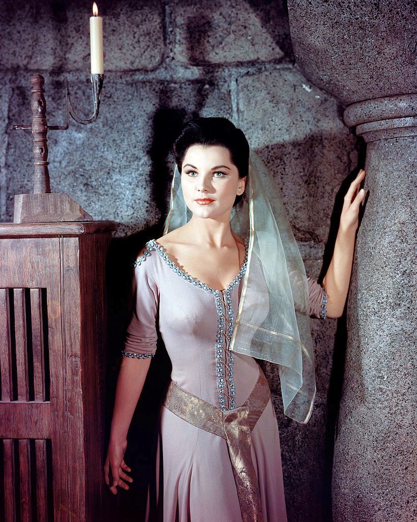 Debra Paget in medieval costume as Ilene in 'Prince Valiant', 1954.