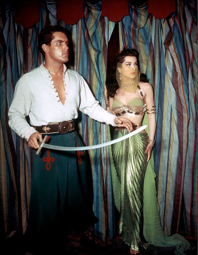 Debra Paget with Jeffrey Hunter on the set of Princess of the Nile directed by Harmon Jones.