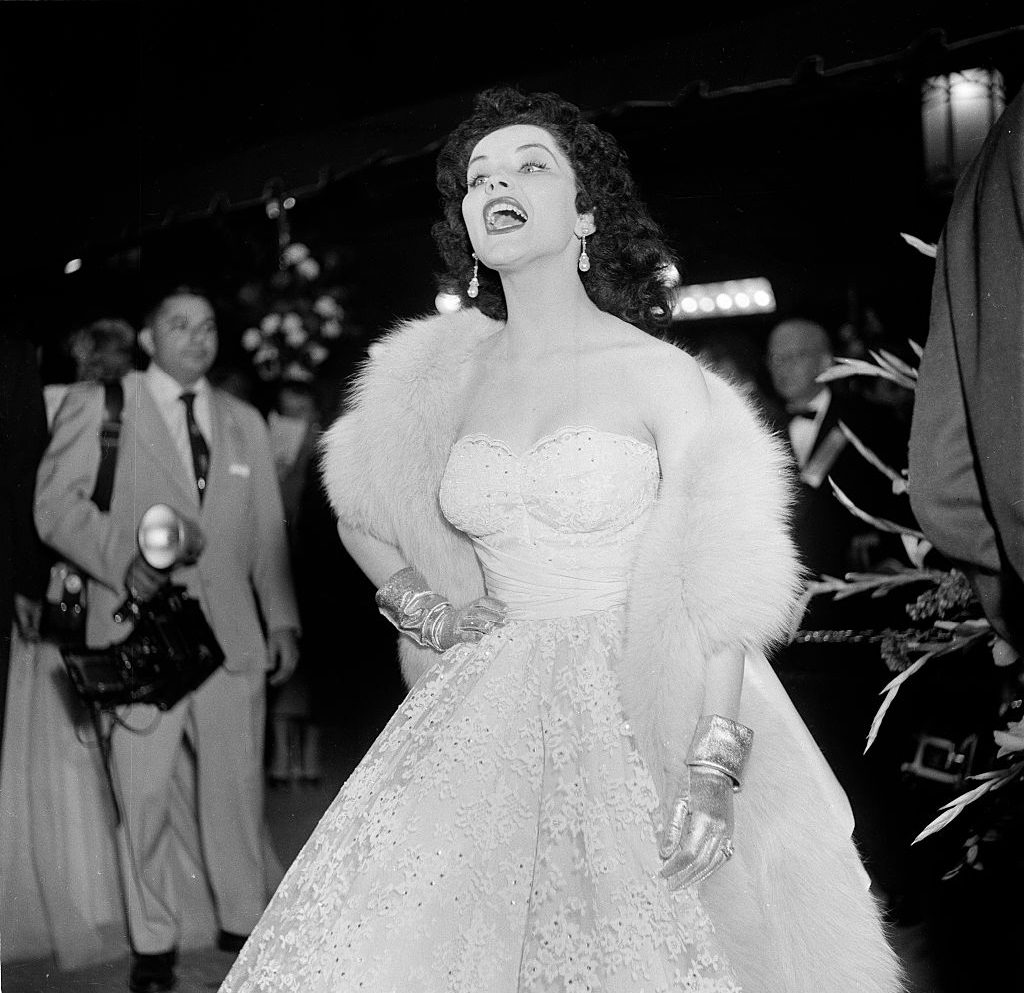 Debra Paget attends the movie premiere of "Prince Valiant" at Romanoff's in Los Angeles, April 1954